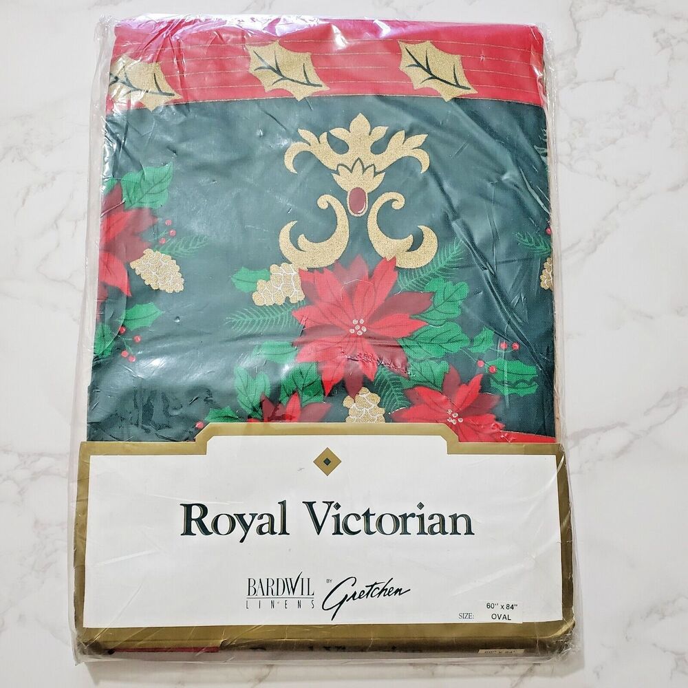 Bardwil Tablecloth Oval Royal Victorian Christmas Red Green Gold 84x60" Cotton